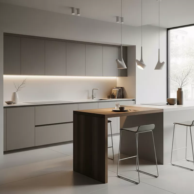 Dapur Minimalis dengan Meja Bar dan Pencahayaan Dapur Minimalis dengan Meja Bar dan Pencahayaan
