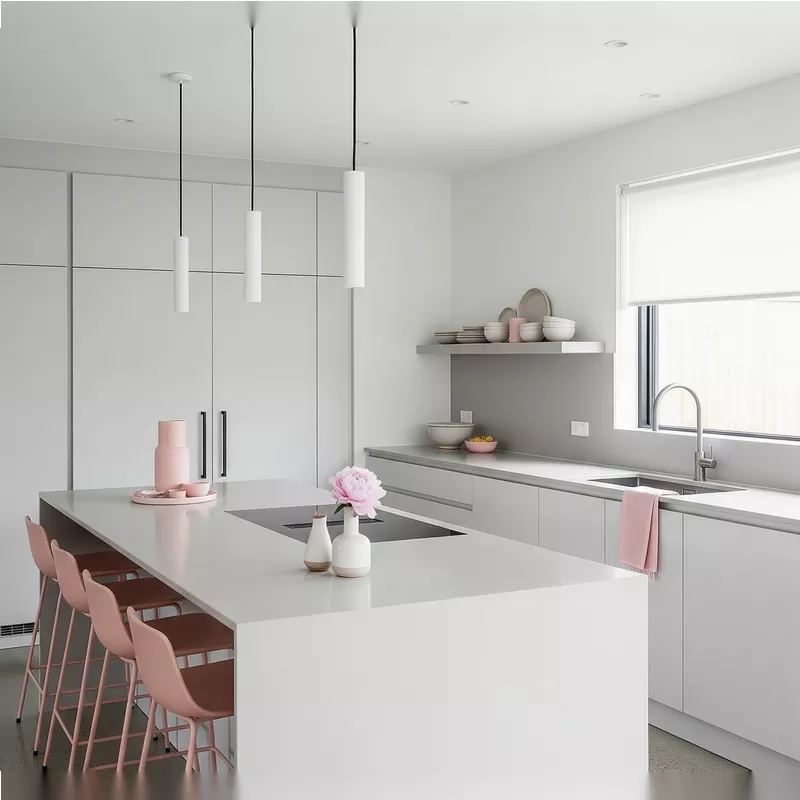 Dapur Minimalis dengan Sentuhan Warna Pink Lembut Dapur Minimalis dengan Sentuhan Warna Pink Lembut