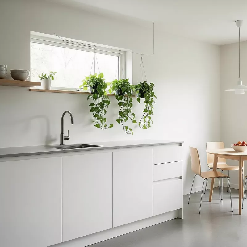 Dapur Minimalis dengan Tanaman Hias Gantung-jasa interior splusa.id Dapur Minimalis dengan Tanaman Hias Gantung-jasa interior splusa.id