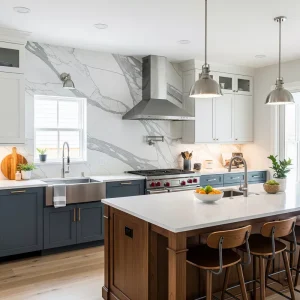 Dapur klasik modern dengan backsplash marmer Statuario