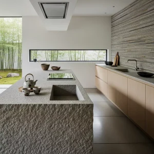 Dapur minimalis Jepang dengan batu alam