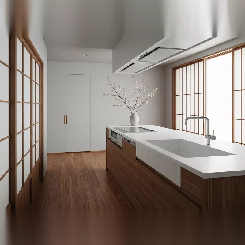 Dapur minimalis Jepang dengan lantai kayu sonokeling Dapur minimalis Jepang dengan lantai kayu sonokeling