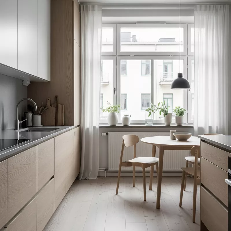 Dapur minimalis Skandinavia dengan jendela besar dan tirai tipis Dapur minimalis Skandinavia dengan jendela besar dan tirai tipis