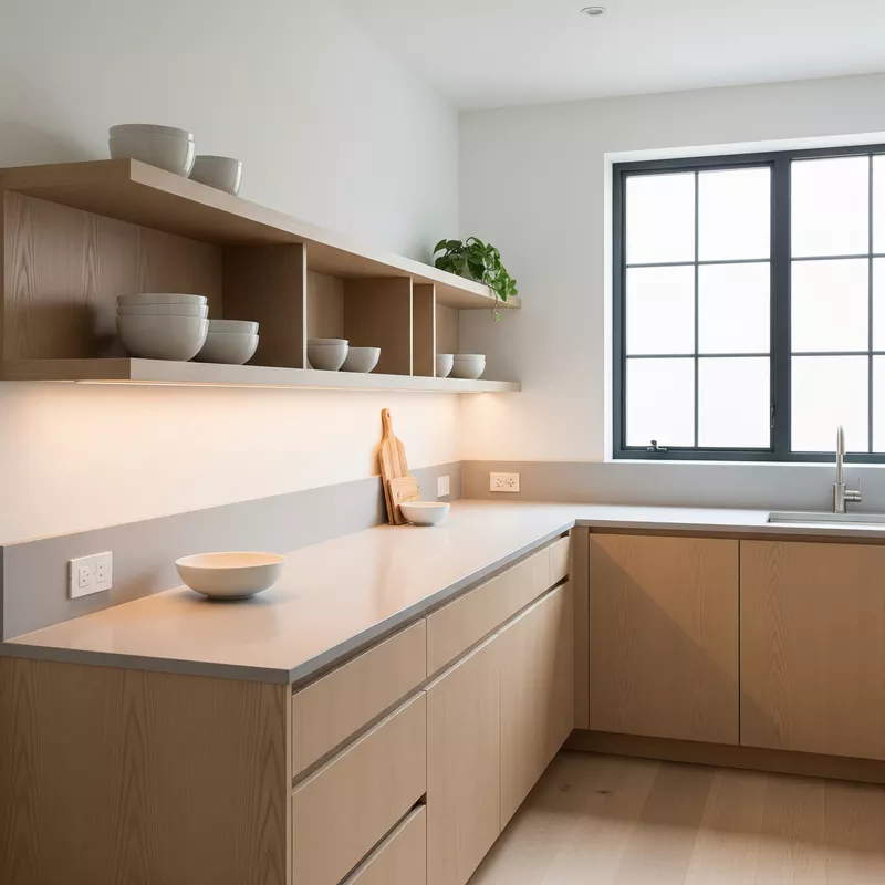 Dapur minimalis Skandinavia dengan lampu LED strip di bawah rak dinding Dapur minimalis Skandinavia dengan lampu LED strip di bawah rak dinding