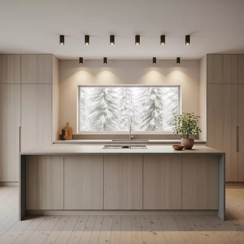 Dapur minimalis Skandinavia dengan lampu downlight Dapur minimalis Skandinavia dengan lampu downlight