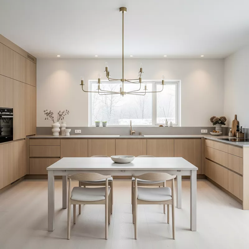 Dapur minimalis Skandinavia dengan lampu gantung chandelier Dapur minimalis Skandinavia dengan lampu gantung chandelier