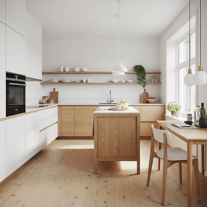 Dapur minimalis Skandinavia dengan lantai kayu pinus Dapur minimalis Skandinavia dengan lantai kayu pinus