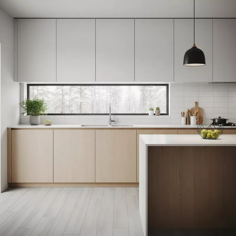 Dapur minimalis Skandinavia dengan lantai keramik motif kayu Dapur minimalis Skandinavia dengan lantai keramik motif kayu