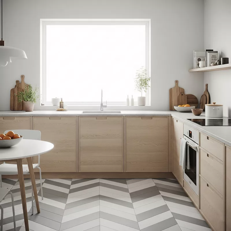 Dapur minimalis Skandinavia dengan lantai vinyl motif chevron Dapur minimalis Skandinavia dengan lantai vinyl motif chevron