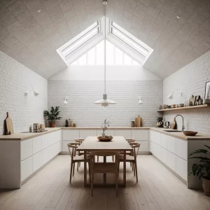 Dapur minimalis Skandinavia dengan skylight dan dinding bata putih-jasa interior splusa.id