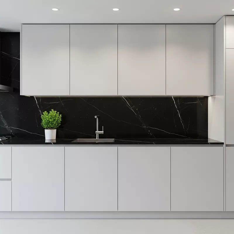 Dapur minimalis dengan backsplash marmer hitam Dapur minimalis dengan backsplash marmer hitam