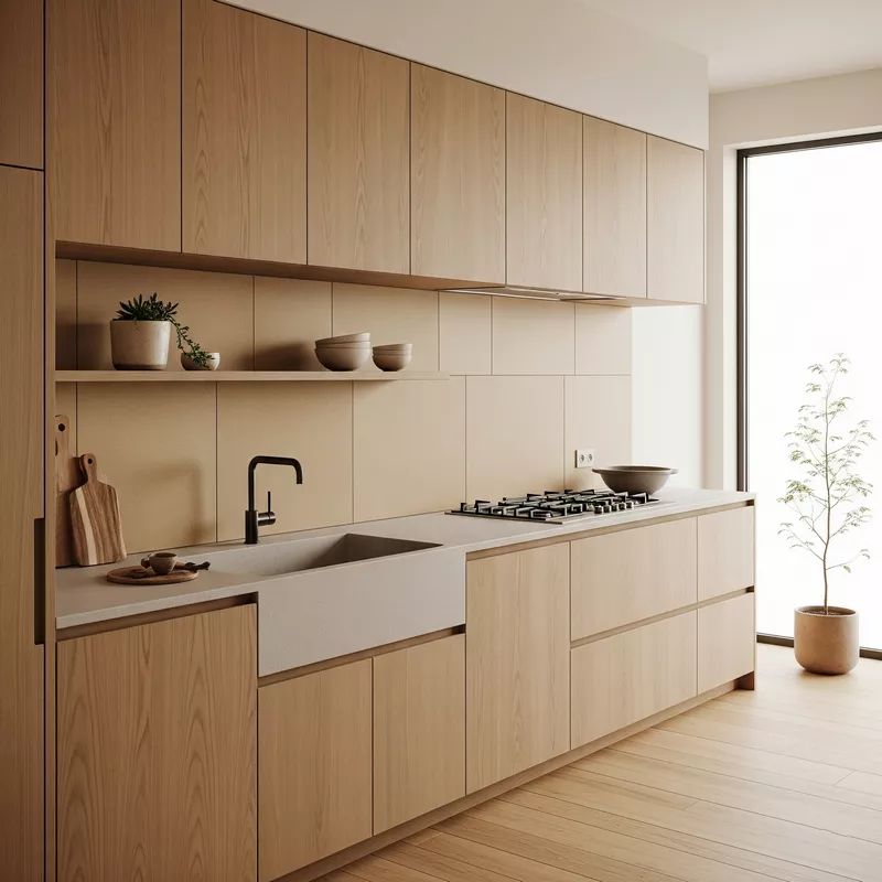 Dapur minimalis dengan elemen kayu dan tanah Dapur minimalis dengan elemen kayu dan tanah