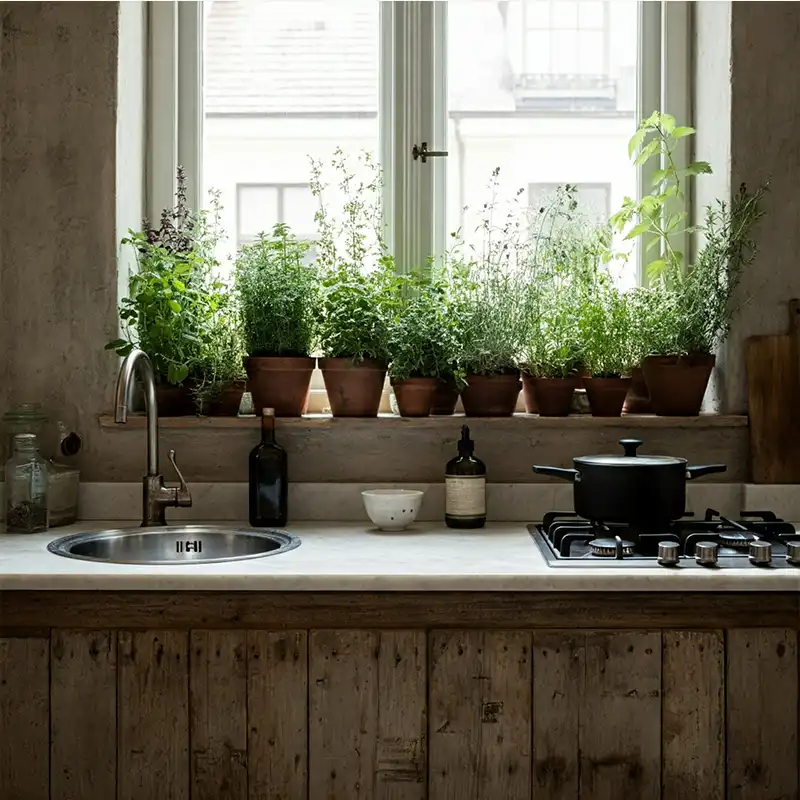 Dapur minimalis dengan kitchen set dari kayu daur ulang dan material ramah lingkungan Dapur minimalis dengan kitchen set dari kayu daur ulang dan material ramah lingkungan