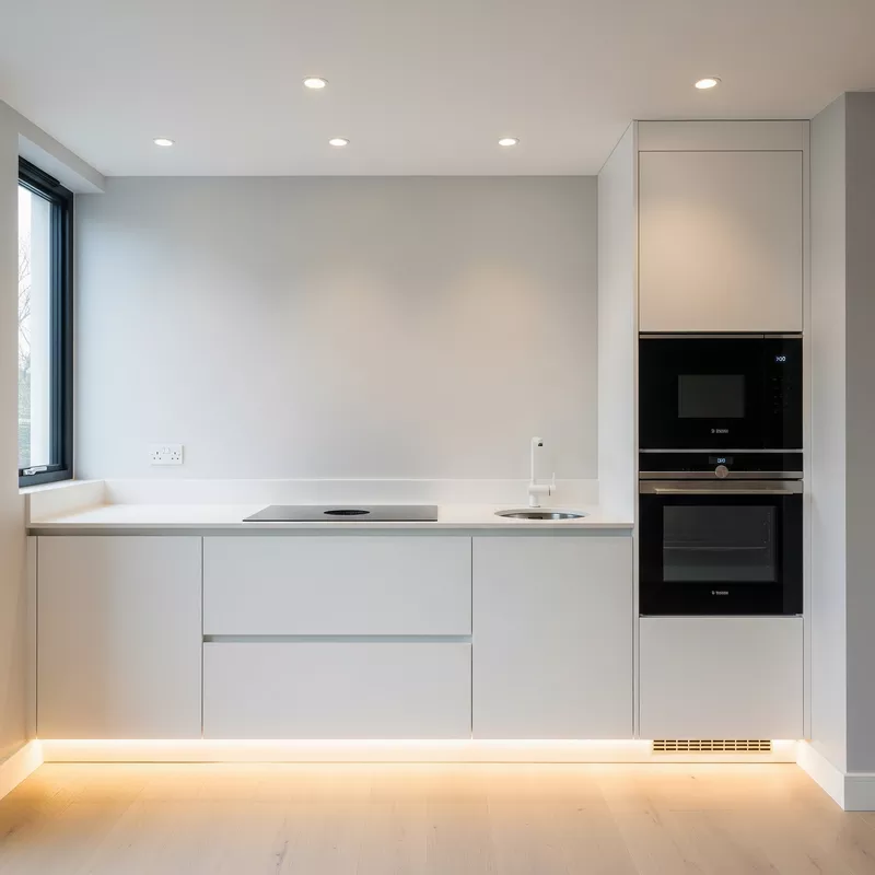 Dapur minimalis dengan lampu downlight dan under cabinet lighting Dapur minimalis dengan lampu downlight dan under cabinet lighting