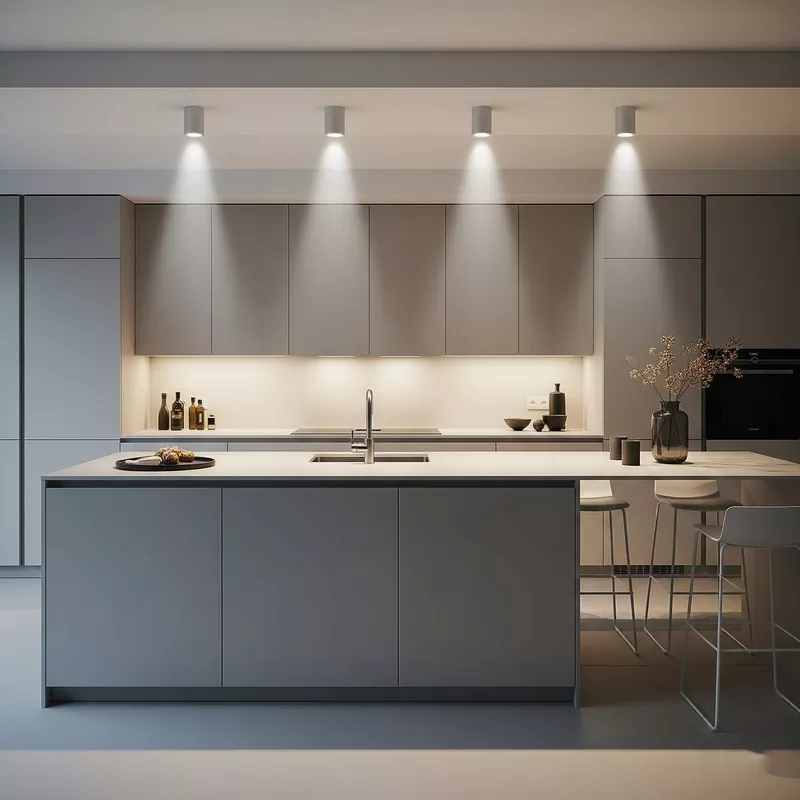 Dapur minimalis dengan lampu downlight di atas kitchen island Dapur minimalis dengan lampu downlight di atas kitchen island