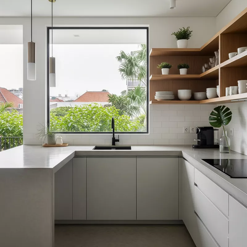 Dapur minimalis dengan lemari terbuka di Jakarta-jasa interior splusa.id Dapur minimalis dengan lemari terbuka di Jakarta-jasa interior splusa.id