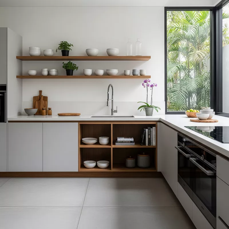 Dapur minimalis dengan lemari terbuka di Surabaya-jasa interior splusa.id Dapur minimalis dengan lemari terbuka di Surabaya-jasa interior splusa.id