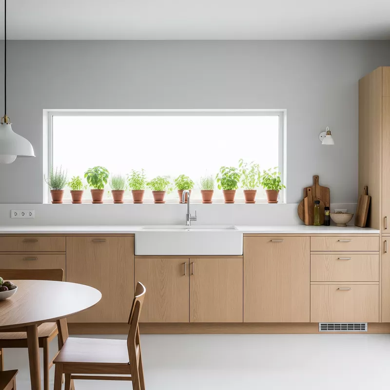 Dapur minimalis dengan tanaman herbal di window sill Dapur minimalis dengan tanaman herbal di window sill