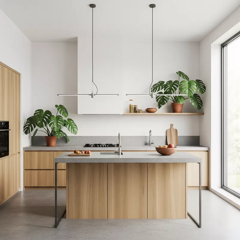 Dapur minimalis dengan tanaman monstera dan hanging lamps Dapur minimalis dengan tanaman monstera dan hanging lamps