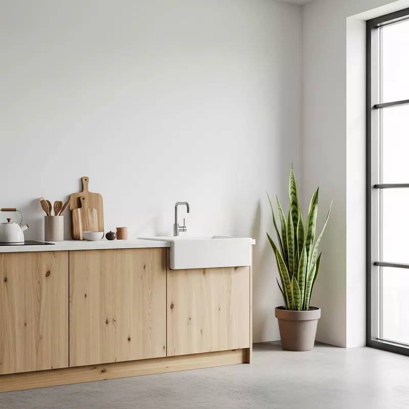 Dapur minimalis dengan tanaman snake plant di sudut ruangan Dapur minimalis dengan tanaman snake plant di sudut ruangan