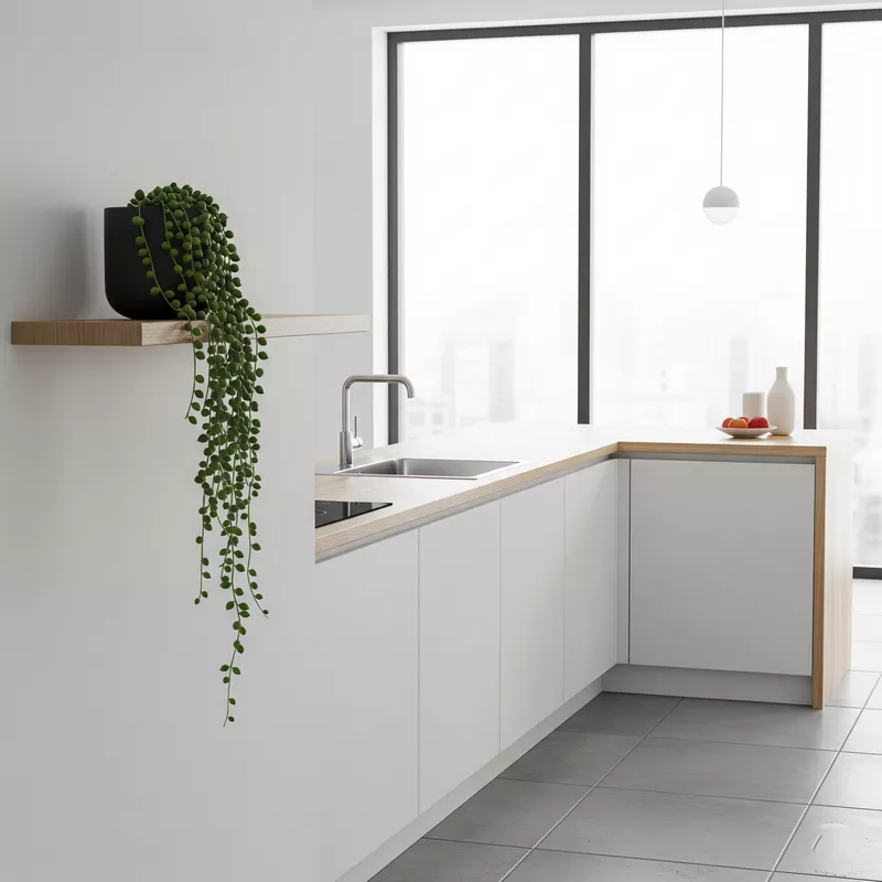 Dapur minimalis dengan tanaman string of pearls di rak dinding Dapur minimalis dengan tanaman string of pearls di rak dinding