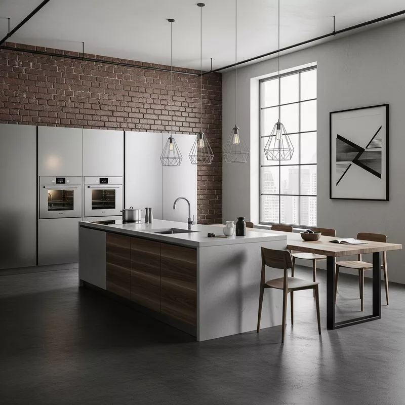 Dapur minimalis industrial dengan island besar dan meja makan Dapur minimalis industrial dengan island besar dan meja makan