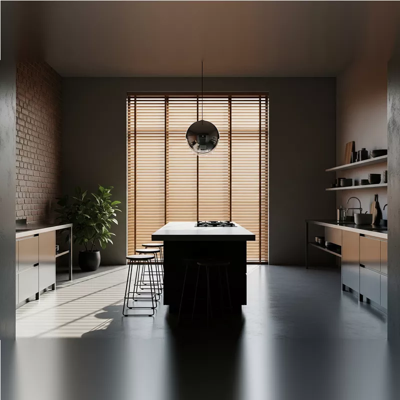 Dapur minimalis industrial dengan jendela besar dan blinds kayu Dapur minimalis industrial dengan jendela besar dan blinds kayu