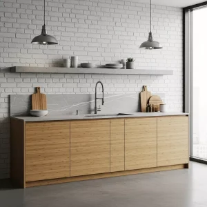 Dapur minimalis industrial dengan kitchen set dari bambu dan countertop batu alam