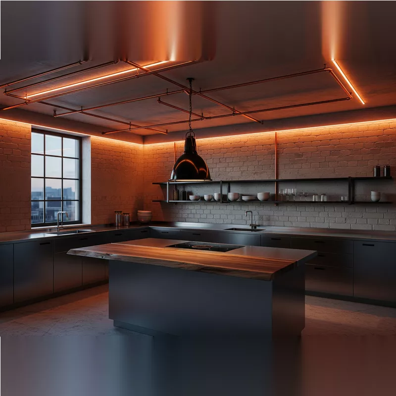 Dapur minimalis industrial dengan lampu LED strip di sepanjang pipa ekspos Dapur minimalis industrial dengan lampu LED strip di sepanjang pipa ekspos