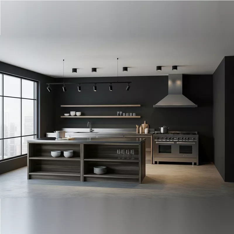 Dapur minimalis industrial dengan lampu downlight dan track light Dapur minimalis industrial dengan lampu downlight dan track light