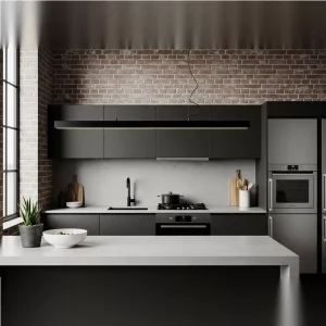 Dapur minimalis industrial dengan lampu gantung linear