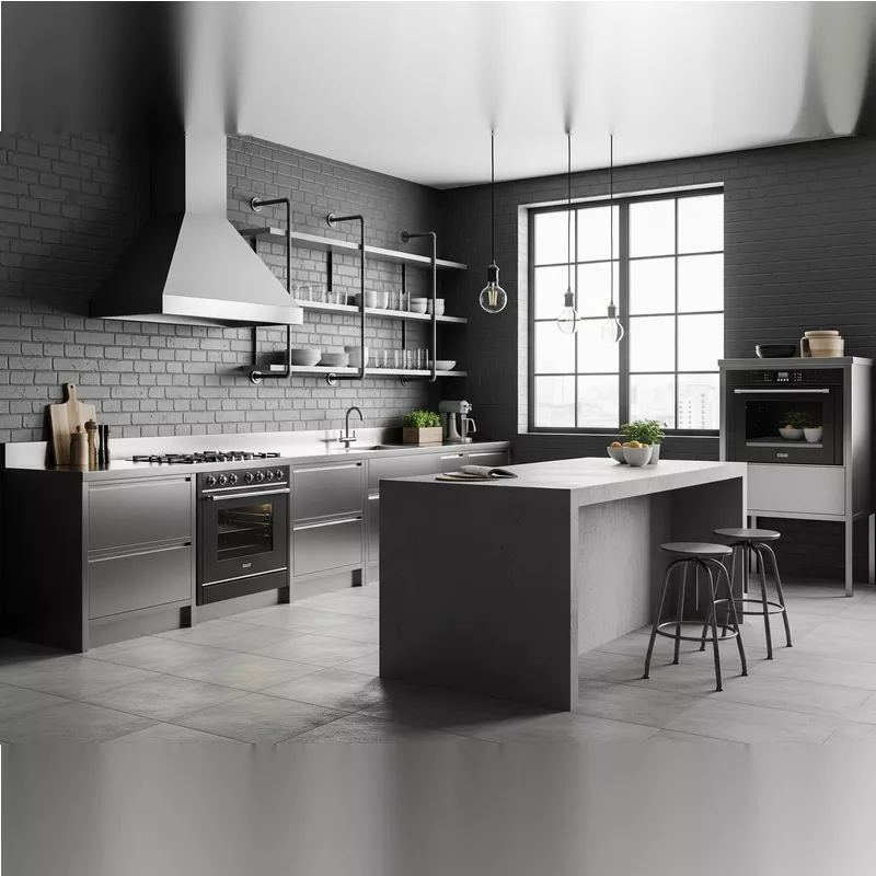 Dapur minimalis industrial dengan lantai keramik motif semen Dapur minimalis industrial dengan lantai keramik motif semen