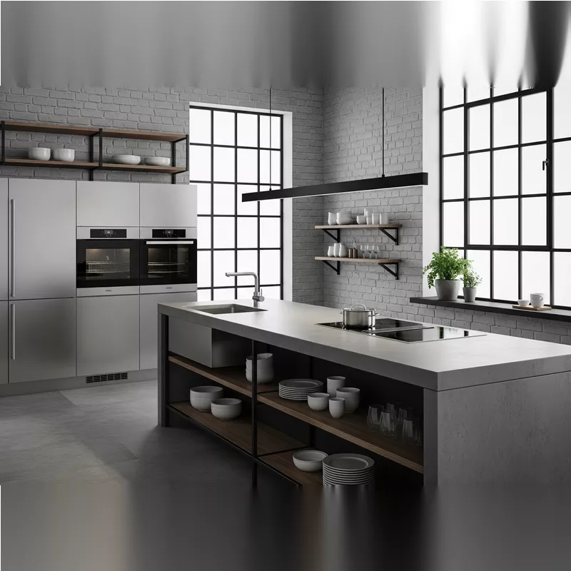 Dapur minimalis industrial dengan lantai vinyl motif semen Dapur minimalis industrial dengan lantai vinyl motif semen