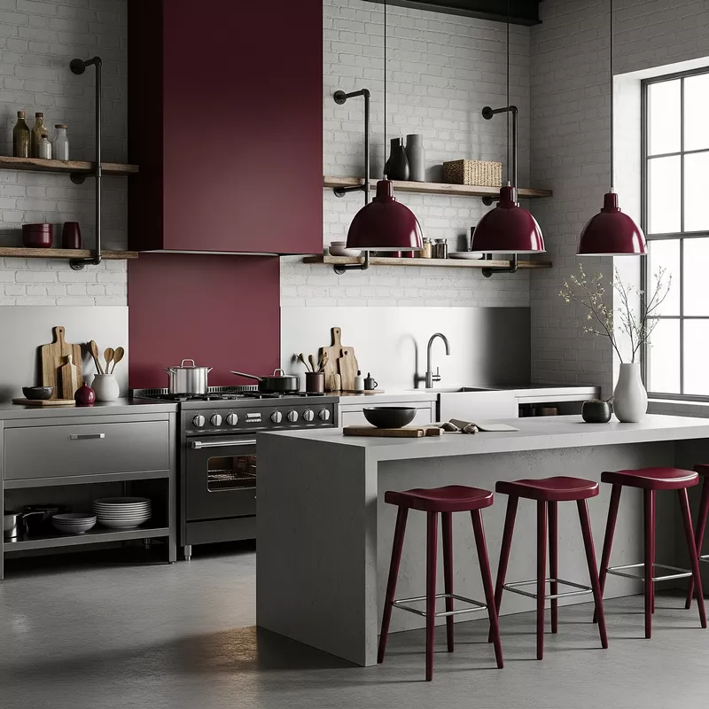 Dapur minimalis industrial dengan sentuhan warna burgundy Dapur minimalis industrial dengan sentuhan warna burgundy