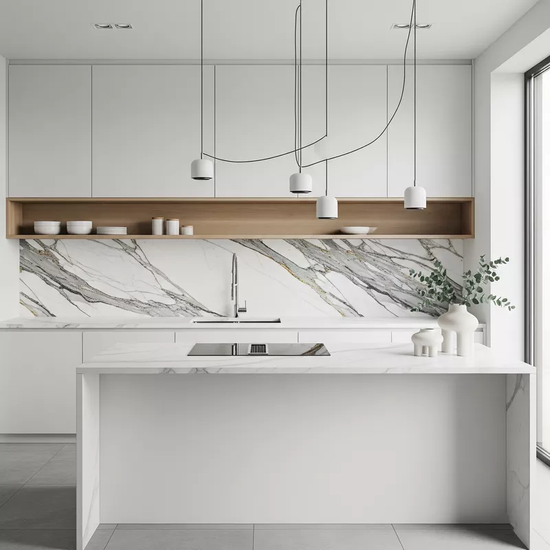 Dapur minimalis modern dengan backsplash marmer Calacatta Dapur minimalis modern dengan backsplash marmer Calacatta