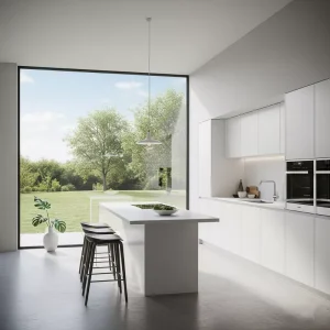 Dapur minimalis modern dengan jendela besar