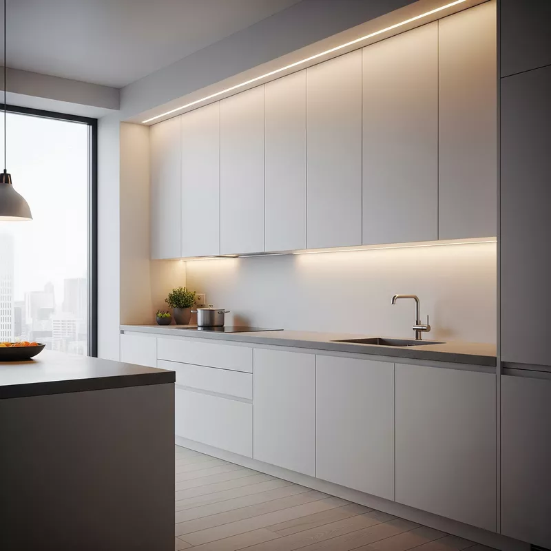 Dapur minimalis modern dengan lampu LED strip di bawah kabinet dan di atas lemari Dapur minimalis modern dengan lampu LED strip di bawah kabinet dan di atas lemari