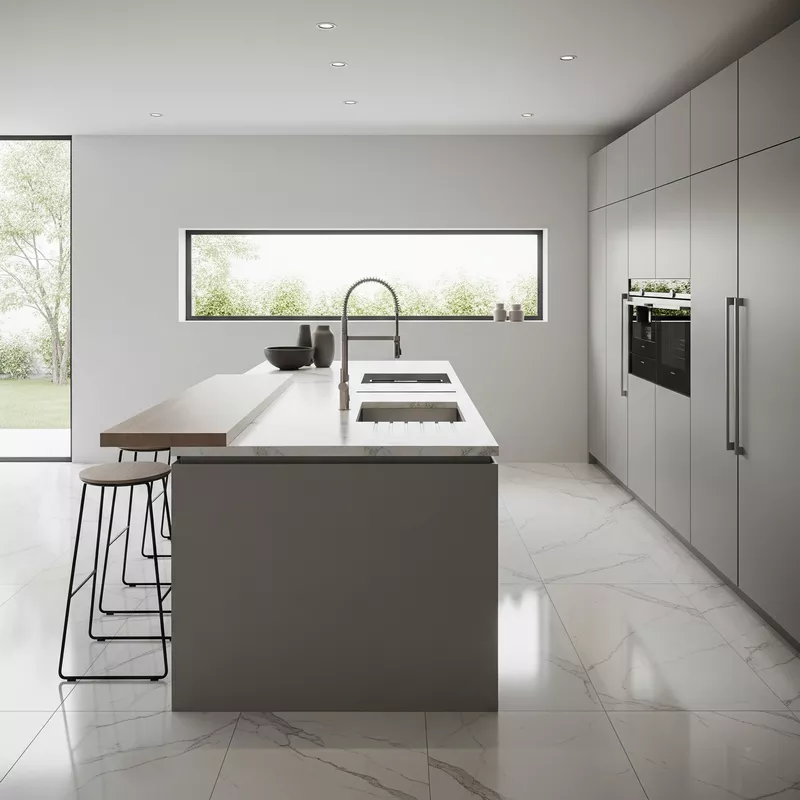 Dapur minimalis modern dengan lantai keramik putih motif marmer Dapur minimalis modern dengan lantai keramik putih motif marmer