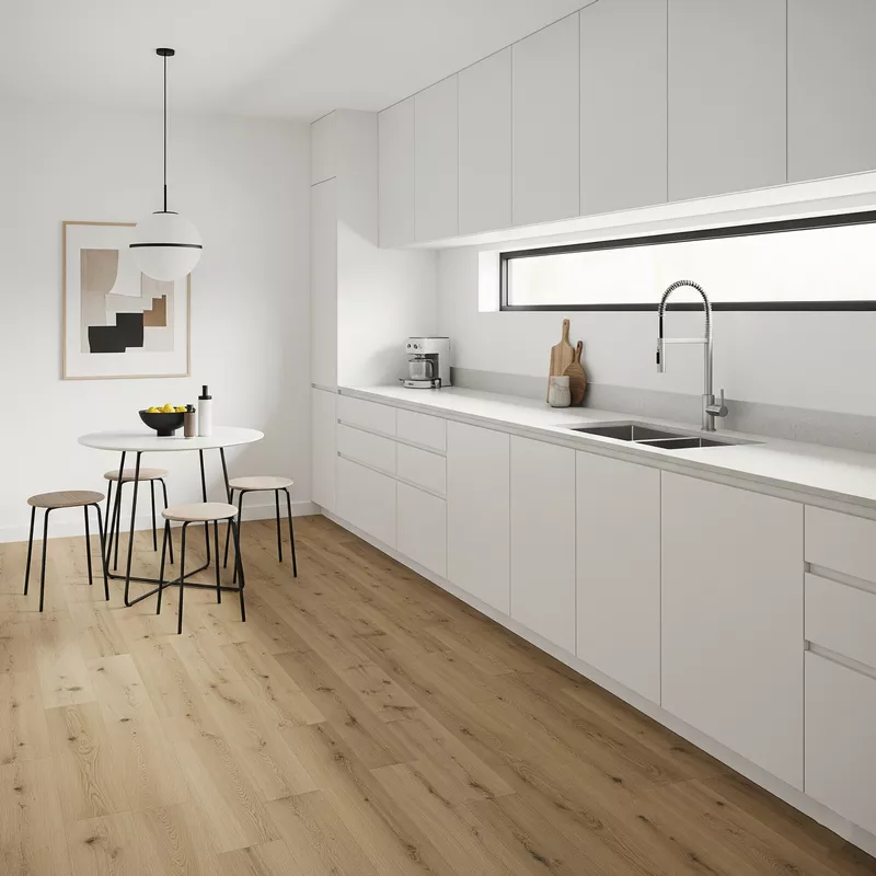 Dapur minimalis modern dengan lantai vinyl motif kayu Dapur minimalis modern dengan lantai vinyl motif kayu