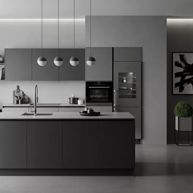 Dapur minimalis monokrom dengan aksen abu-abu Dapur minimalis monokrom dengan aksen abu-abu