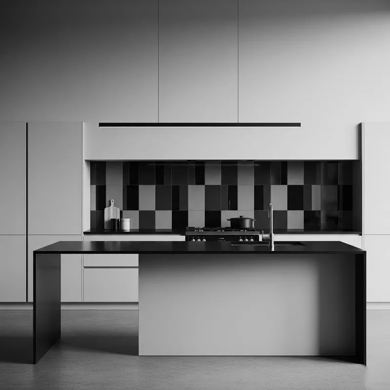 Dapur minimalis monokrom dengan kitchen island dan backsplash pattern Dapur minimalis monokrom dengan kitchen island dan backsplash pattern