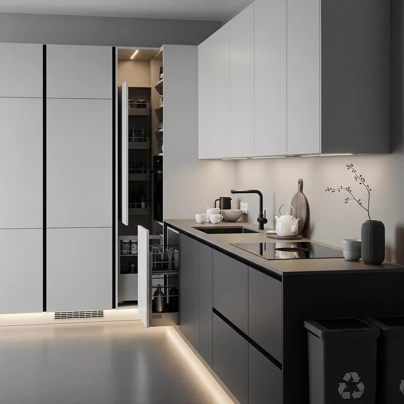 Dapur minimalis monokrom dengan storage efisien Dapur minimalis monokrom dengan storage efisien