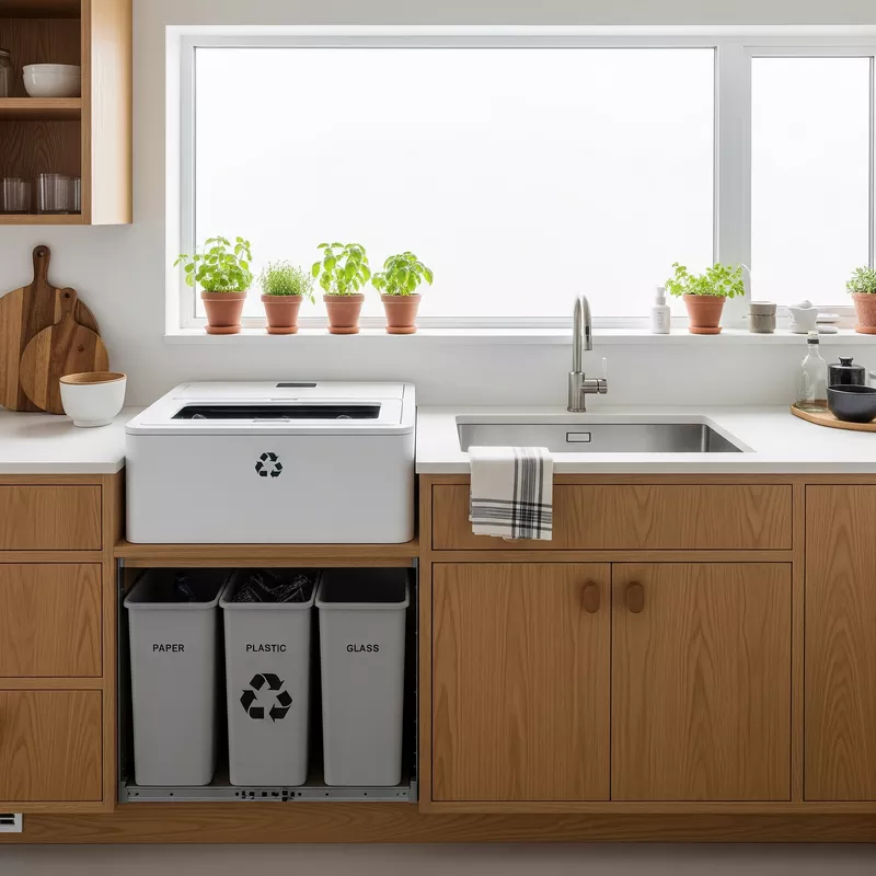 Dapur minimalis ramah lingkungan dengan composting bin dan tempat daur ulang Dapur minimalis ramah lingkungan dengan composting bin dan tempat daur ulang