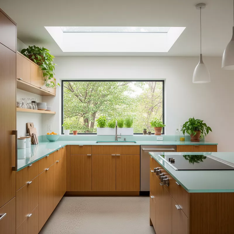Dapur minimalis ramah lingkungan dengan jendela besar dan skylight Dapur minimalis ramah lingkungan dengan jendela besar dan skylight