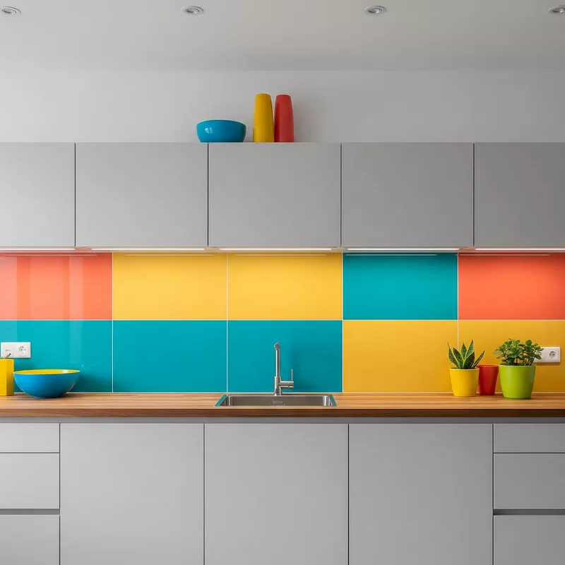 Dapur minimalis warna-warni dengan aksen warna bold pada backsplash Dapur minimalis warna-warni dengan aksen warna bold pada backsplash