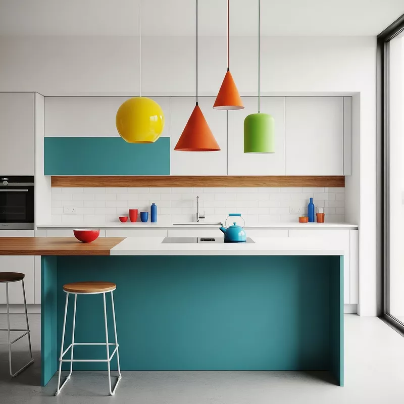 Dapur minimalis warna-warni dengan kitchen island dan hanging lamps Dapur minimalis warna-warni dengan kitchen island dan hanging lamps