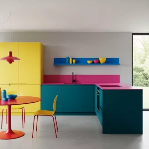 Dapur minimalis warna-warni dengan kombinasi warna bold