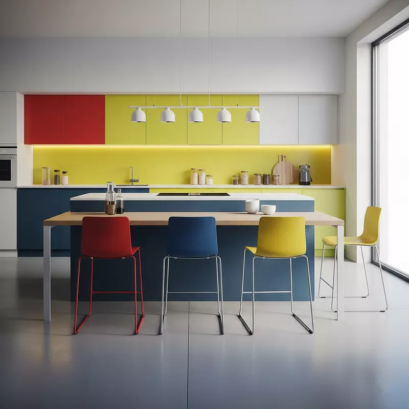Dapur minimalis warna-warni dengan meja bar dan kursi bar Dapur minimalis warna-warni dengan meja bar dan kursi bar
