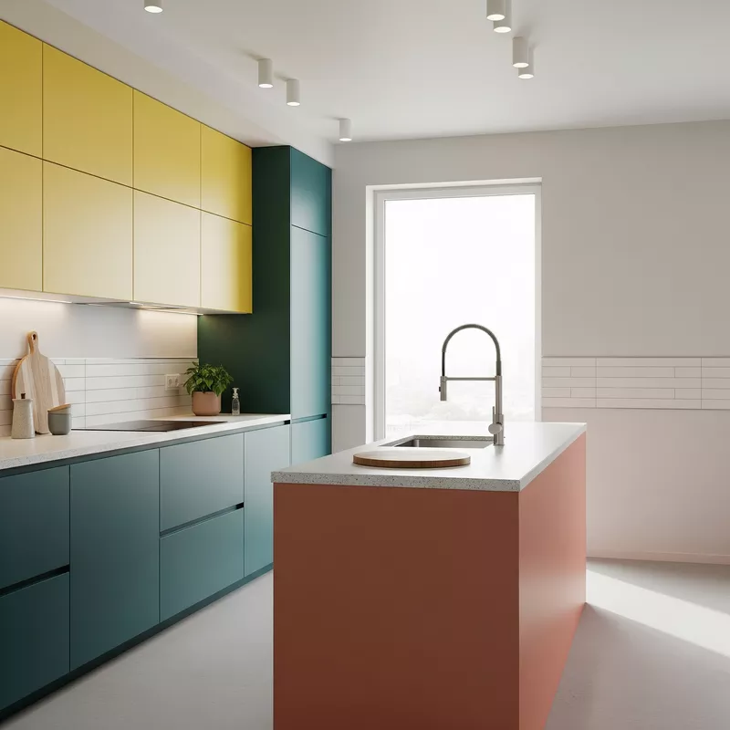 Dapur minimalis warna-warni dengan pencahayaan optimal Dapur minimalis warna-warni dengan pencahayaan optimal