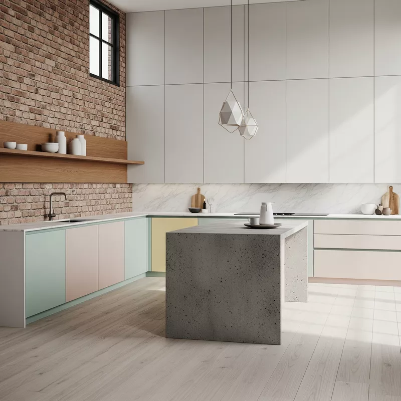 Dapur minimalis warna-warni dengan tekstur bervariasi Dapur minimalis warna-warni dengan tekstur bervariasi